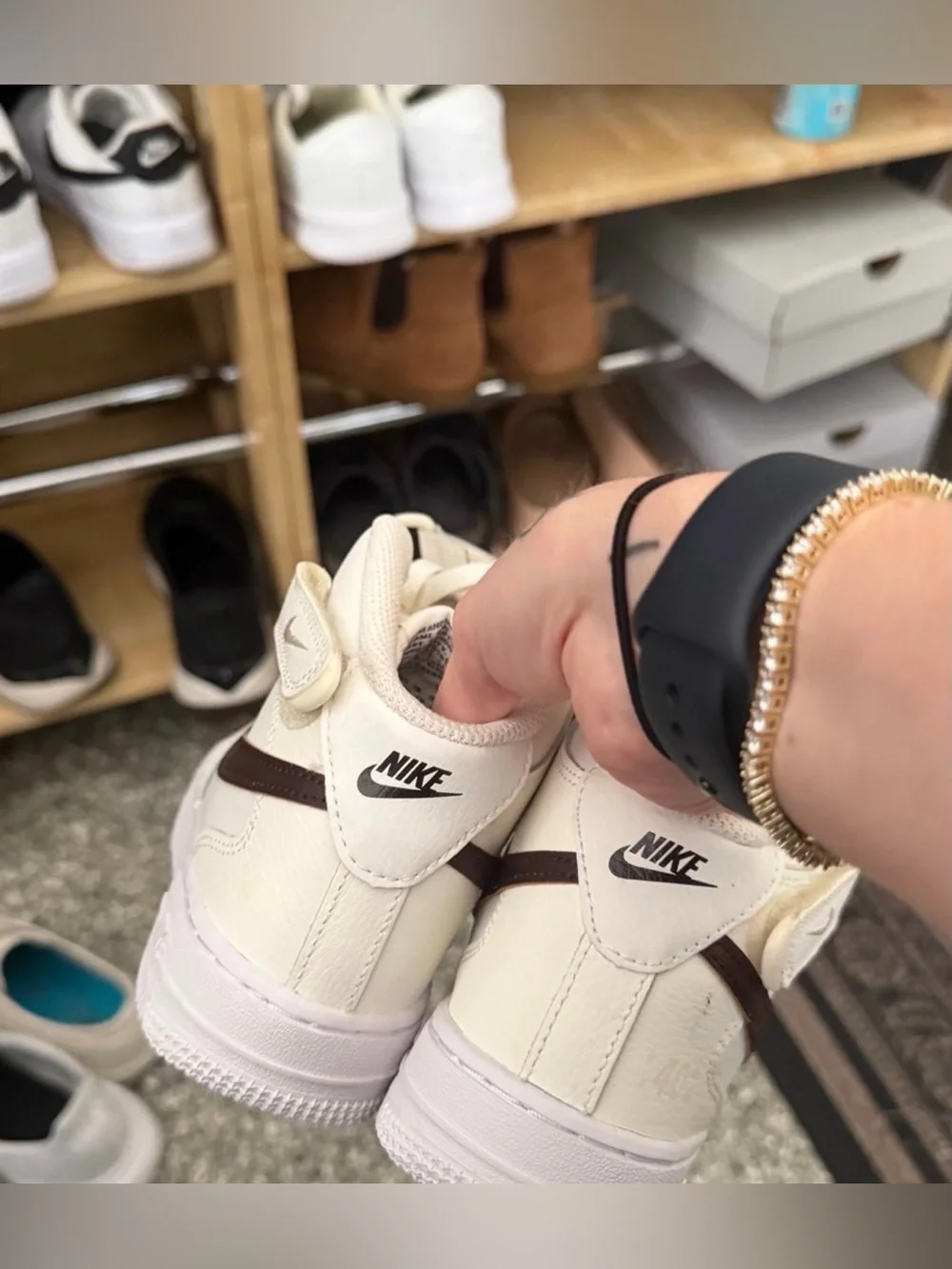 Nike Kids Mid-Top Sneakers in Off-White with Dark Brown Swoosh